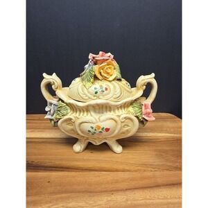 Vintage Italian Capodimonte Pink Yellow Purple Rose Soup Tureen With Lid